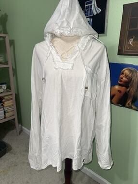 Cotton Collection White Raw Edge Hooded Tunic Top Lagenlook XXL
